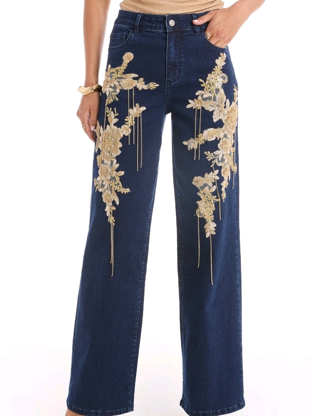 Noli Rocco Gold Embellished Indigo Wide-Leg Jeans
